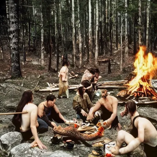 Image similar to kodak 2 0 mm, photo, neanderthal people eating sushi, surrounded by dinosaurs!, gigantic forest trees, sitting on rocks, bonfire, close up camera on bonfire level