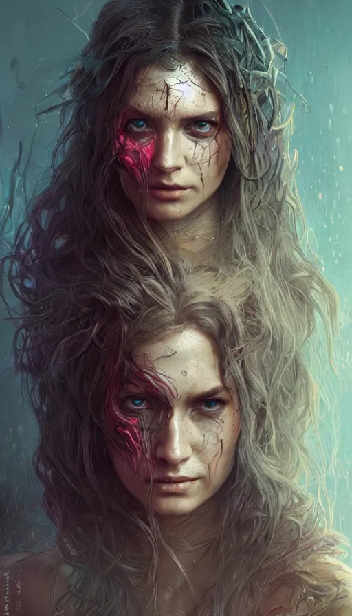 Prompt: furious gorgeous woman, face covered in dirt, lord of the rings ,cyberpunk, neon, fibonacci, sweaty, insane, intricate, highly detailed, digital painting, artstation, concept art, smooth, sharp focus, illustration, Unreal Engine 5, 8K, art by artgerm and greg rutkowski and alphonse mucha