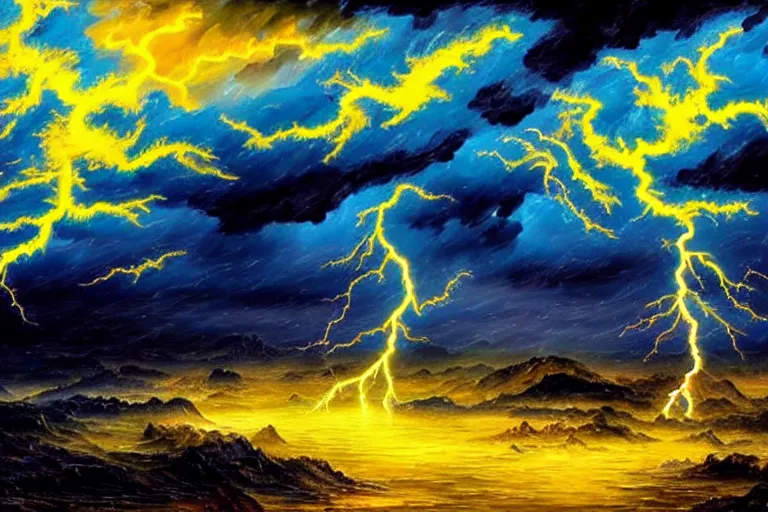 Prompt: A beautiful, highly detailed, very realistic, very vibrant, matte acrylic painting in the style of Afremov of a huge ancient Lightning Dragon with lots of light yellow scales flying around clouds glowing bright yellow in the middle of the pitch black sky during a huge lightning storm, in the middle of the night. Light yellow, and bright yellow color scheme, realistic.
