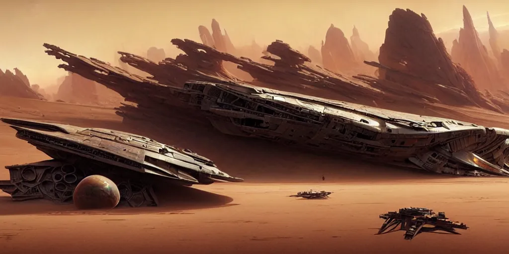 Prompt: epic, cinematic, hyper realistic sci - fi matte concept art of an assortment of crashed starships mostly buried in desert sands, strong composition painted by kim jung guweta studio rutkowski, james gurney and greg rutkowski, and lucasfilm, smooth, intricate, detailed, sharp focus, cinematic
