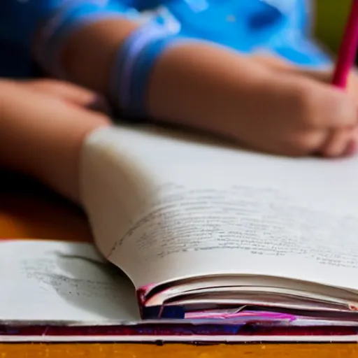 Prompt: close - up photograph of a child's textbook where they have scribbled in the margins