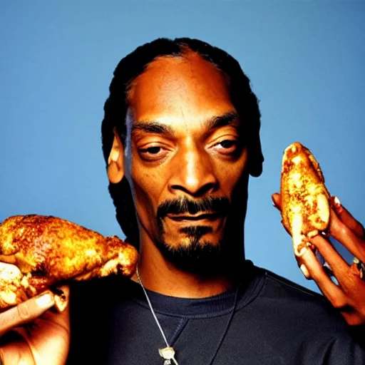 Prompt: Snoop Dogg holding a piece of chicken for a 1990s sitcom tv show, Studio Photograph, portrait, C 12.0