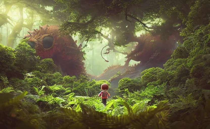 Image similar to a still of a cute adorable tiny astronaut, on a planet of lush foliage, with an enormous kaiju dragon surrounding, magical forest, sharp focus, neon backlit, highly detailed, disney pixar studio ghibli makoto shinkai, digital painting, matte, octane render, global illumination, iridescent, anime, 8 k