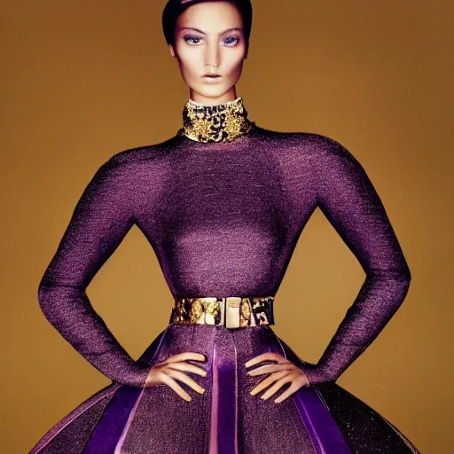 Image similar to editorial fashion tan skin super model in a couture gold and purple hues dress photography, from Vogue magazine Patrick Demarchelier