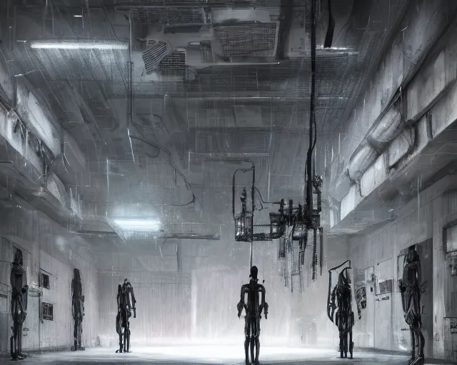 Prompt: gloomy colossal ruined server room in datacenter robot figure automata headless robot knight welder posing pacing fixing soldering mono sharp focus, emitting diodes, smoke, artillery, sparks, racks, system unit, motherboard, by pascal blanche rutkowski artstation hyperrealism cinematic dramatic painting concept art of detailed character design matte painting, 4 k resolution blade runner