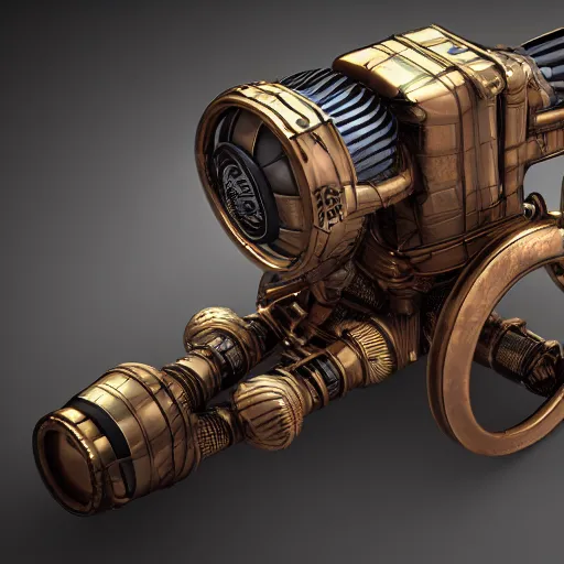 Image similar to steampunk tesla cannon, 3 d render, octane, ray tracing, ultra high detail, photorealistic, high resolution, 8 k