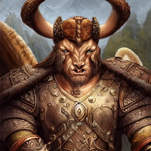 Image similar to digital painting of an minotaur as a viking king by filipe pagliuso and justin gerard, symmetric, fantasy, highly, detailed, realistic, intricate