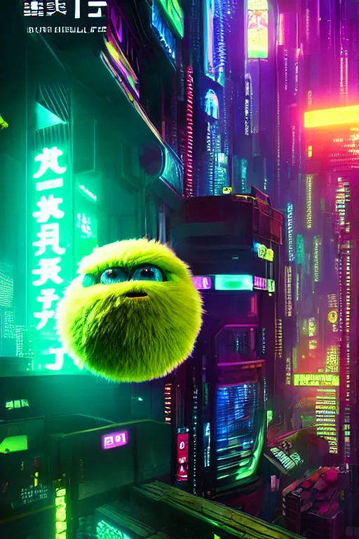 Image similar to high quality 3 d render cyberpunk very tennis ball monster highly detailed, unreal engine cinematic smooth, in the style of blade runner & detective pikachu, hannah yata charlie immer, purple light, low angle, uhd 8 k, sharp focus