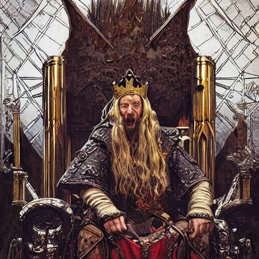 Prompt: painting of an old powerful medieval king driven mad, sitting in his throne room all alone, highly detailed, digital painting, artstation, concept art, tarot card, symmetry, dark fantasy, sharp focus, illustration, art by Joe Madureira and Artgerm and Greg Rutkowski and Alphonse Mucha
