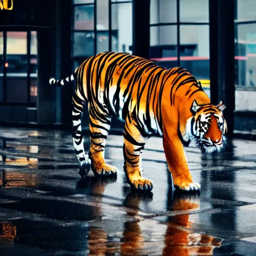 Image similar to a high quality low wide angle photo of a tiger on the streets of a cyberpunk city, rainy, reflective ground, neon lights, realism, 8k