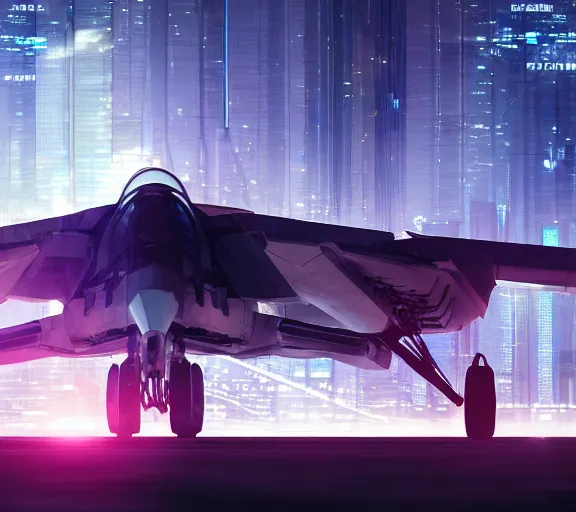 Image similar to futuristic sci fi fighter jet lands at runway of cyberpunk city, night photo ,dark cinematic lighting , digital concept art