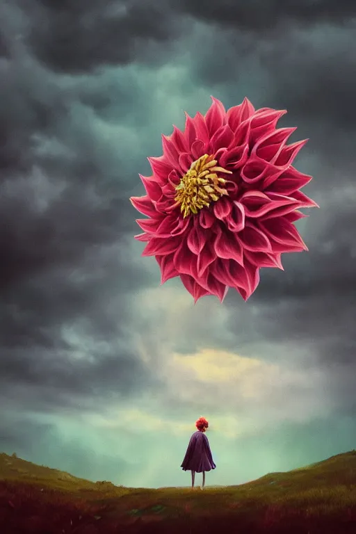 Image similar to closeup giant dahlia flower over the head, girl standing on mountain, surreal photography, blue storm clouds, dramatic light, impressionist painting, digital painting, artstation, simon stalenhag