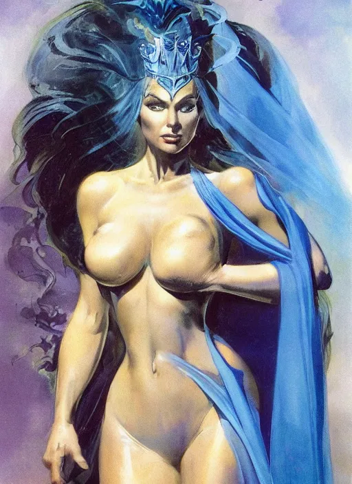 Prompt: portrait of mighty plump female sorceress, blue tiara and veil, lightning halo, strong line, muted color, beautiful! coherent! by frank frazetta, by boris vallejo