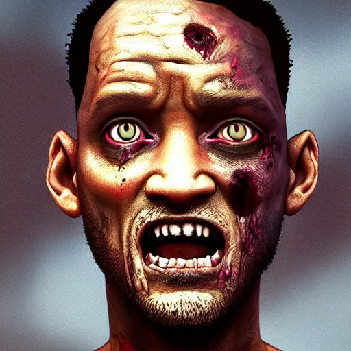 Image similar to a zombie Will Smith, by WLOP, horror, wounds, bloody, dark fantasy, trending on artstation