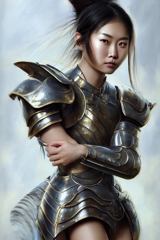 Prompt: a photorealistically painted portrait of an attractive young asian girl, partially clothed in metal-plated battle armor, with an abstractly painted background, flawless skin, fair complexion, long dark hair, beautiful bone structure, perfectly symmetric facial features, perfect photorealistic eyes, natural physique, intricate, elegant, digital painting, concept art, finely detailed, beautifully illustrated, sharp focus, minimal artifacts, volumetric lighting, from DOOM and Halo, by Ruan Jia and Mandy Jurgens and Artgerm and William-Adolphe Bouguerea, in the style of Greg Rutkowski, trending on Artstation, award winning art