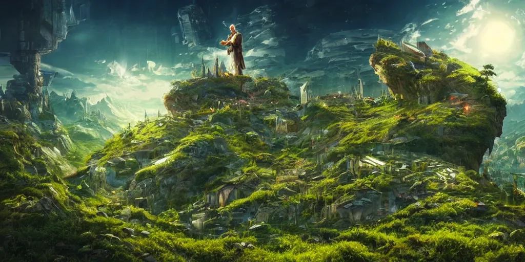 Image similar to a cinematic composition : where a myserious character floats atop a mountain radiating his transformative energy, the energy shifts the cybernetic cyberpunk civilization in the valley to a lush green overgrowing solarpunk civilization