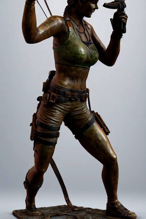 Prompt: detailed studio photo of old bronze patina statue lara croft, full body portrait, various poses, photorealism, intricate detail, museum diffuse lighting