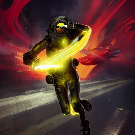 Image similar to Thin smooth transparent ethearal Sci-fi yellow Lightning elemental wearing red high-tech goggles shifting in and out of reality, heroic pose, full body, illustration, epic concept art, dark sci-fi background, action scene, dramatic artwork, surreal, flying, lightning, by Greg Rutkowski and Peter Elson