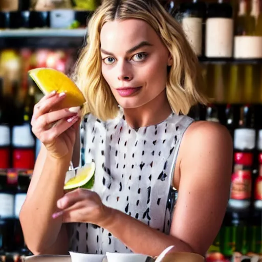 Image similar to margot robbie as a liquid, professional food photography