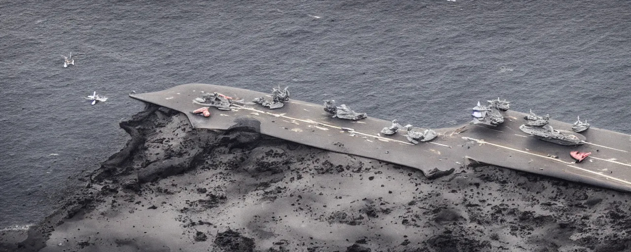 Image similar to low angle cinematic aerial shot of abandoned aircraft carrier attacked by godzilla in the middle of black sand beach in iceland