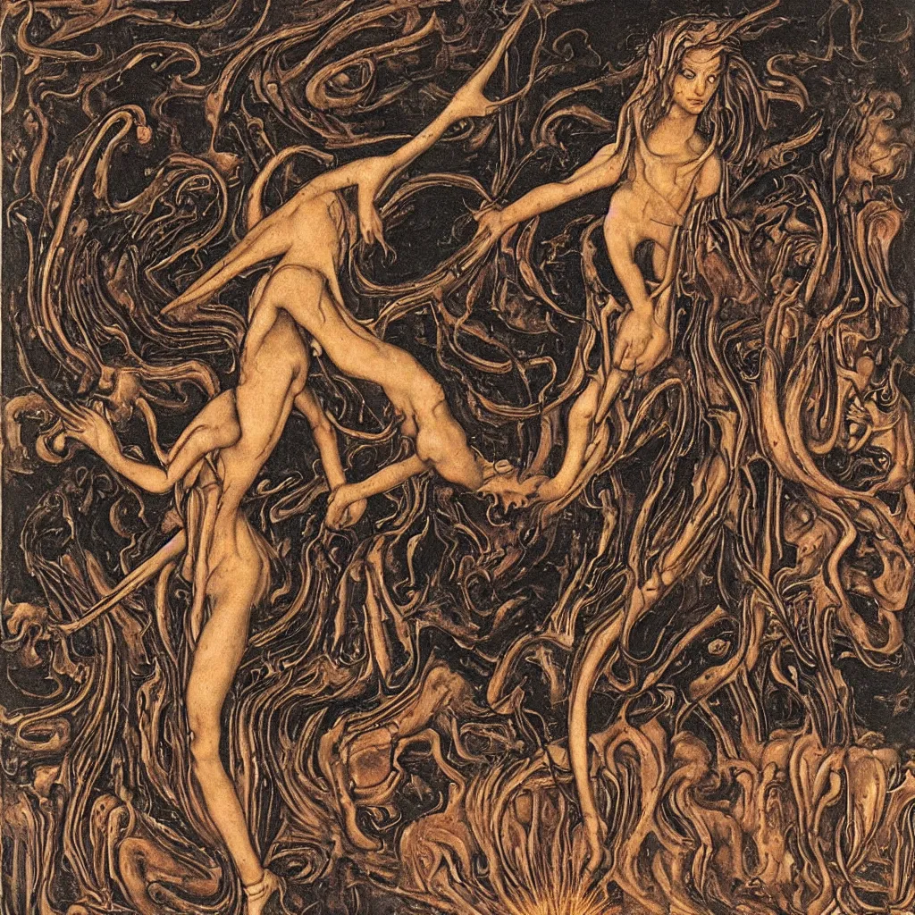 Prompt: a graceful detailed demon ballerina leaving a trail of smoke in a pool of lava by h. r. giger, by hans memling