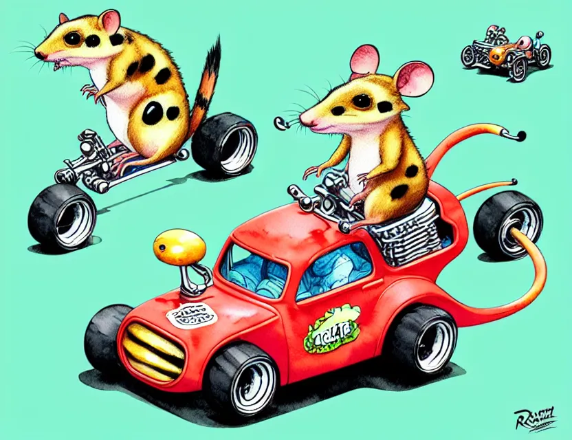 Image similar to cute and funny, quoll riding in a tiny hot rod with oversized engine, ratfink style by ed roth, centered award winning watercolor pen illustration, isometric illustration by chihiro iwasaki, edited by range murata, tiny details by artgerm and watercolor girl, symmetrically isometrically centered