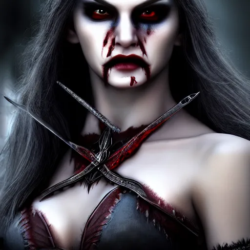 Image similar to beautiful vampire warrior, highly detailed, 4k, HDR, smooth, sharp focus, hyper realistic, high resolution