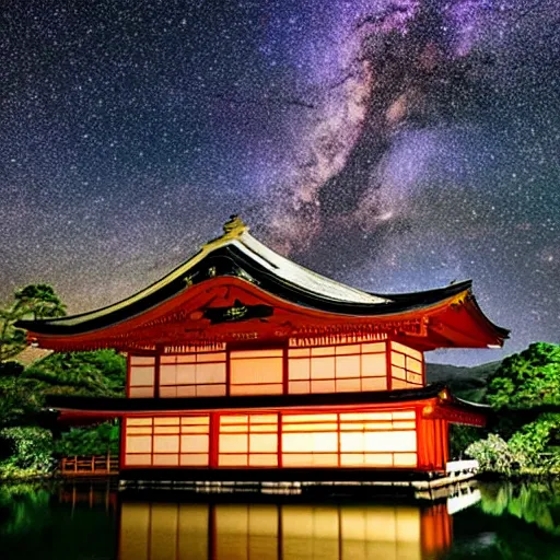 Image similar to A traditional japanese building underneath the milkyway at night both relfecting inside a lake