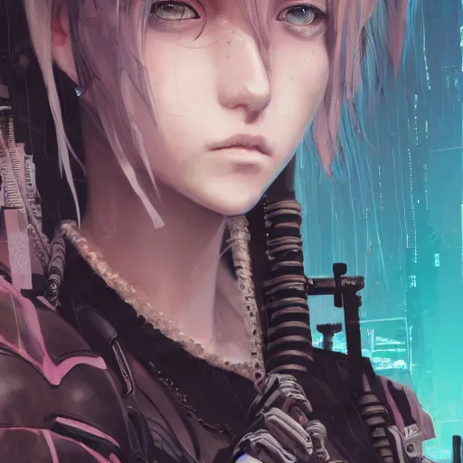 Prompt: highly detailed portrait of a post-cyberpunk punk young lady by Akihiko Yoshida, Greg Tocchini, 4k resolution, league of legends inspired, arcane, nier:automata, pastel pink, light blue, brown, white and black color scheme with graffiti