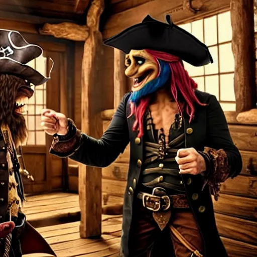 Prompt: a goblin with a large nose and a pirate with a bandana negotiating a contract with Jared Leto in a Western saloon.