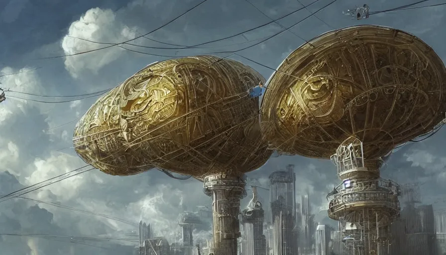 Prompt: an inflated stainless steel chrome gondola in the clouds, people are hanging by steel cables. Oil rigs in the sky. Intricate technical drawing. Mammatus clouds. Ornate, brilliant, utopian, detailed, Golden ratio, solarpunk technology by Jim Burns and Craig Mullins