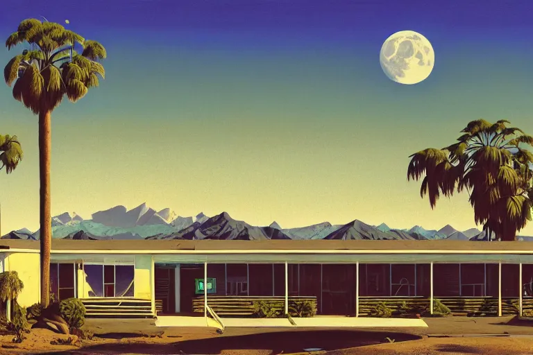 Image similar to natural american landscape | abandoned motel | palm trees | snowy mountains | moon in sky, painting by syd mead and weta studio and moebius and james jean and frank frazetta, highly detailed, rule of third, soft lighting, 8 k resolution, oil on canvas, architectural magazine, beautiful detailed, insanely intricate details, artstation trending, hypermaximalistic, high details, cinematic