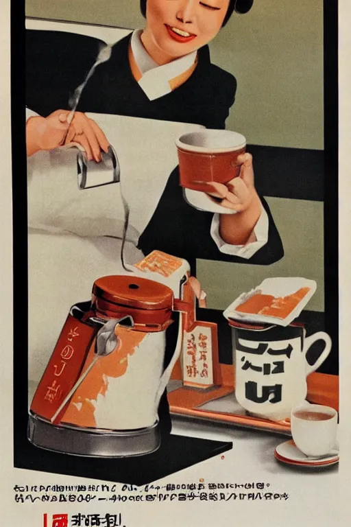 Image similar to coffee advertisment, still life, 1 9 7 0 s japan shouwa advertisement, print, nostalgic