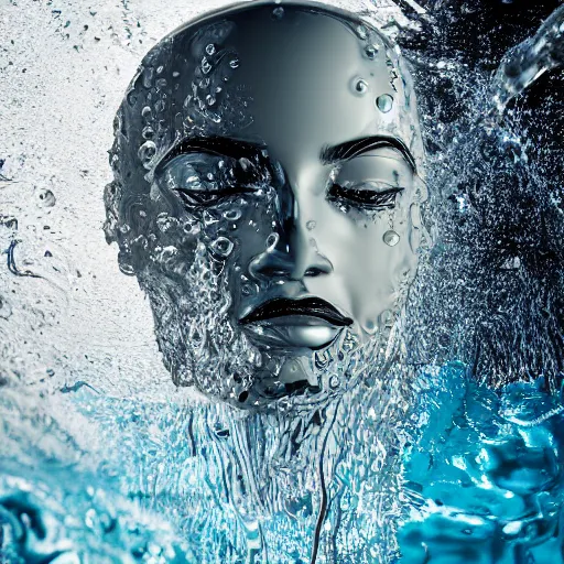 Prompt: water artwork manipulation in the shape of a human head, on the ocean water, ray tracing, realistic water sharp focus, long shot, 8 k resolution, cinematic, abstract water art