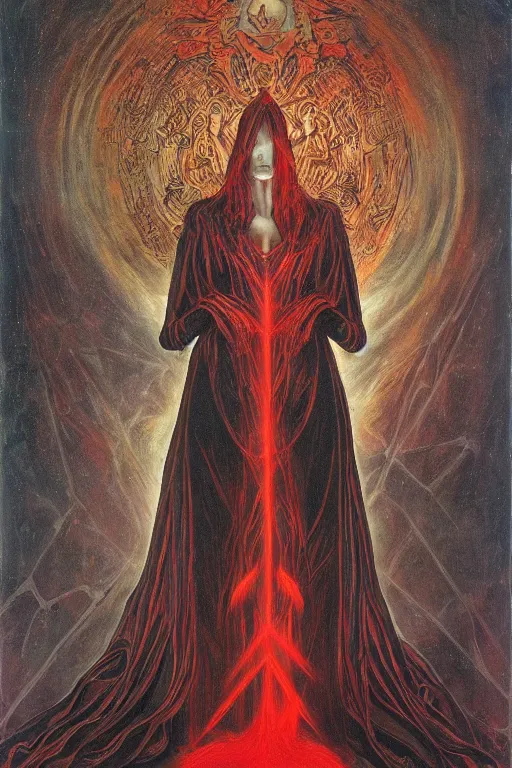 Prompt: mysterious occult woman, shrouded in black and red, hovering over the ground in front of a portal opening up into the depth of a new realm, epic surrealism 8k oil painting, high definition, post modernist layering, by Ernst Fuchs, John Howe