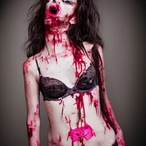 Image similar to a dirty grungy zombie girl wearing pink lace victoria secret, studio portrait,