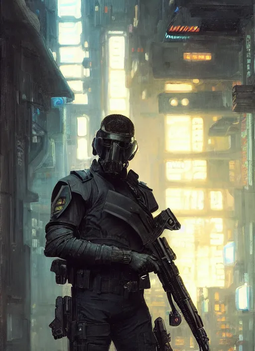 Image similar to 🧗. cyberpunk police trooper in a military vest ( blade runner 2 0 4 9, cyberpunk 2 0 7 7 ). orientalist portrait by john william waterhouse and james gurney and theodore ralli and nasreddine dinet, oil on canvas. cinematic, hyper realism, realistic proportions, dramatic lighting, high detail 4 k