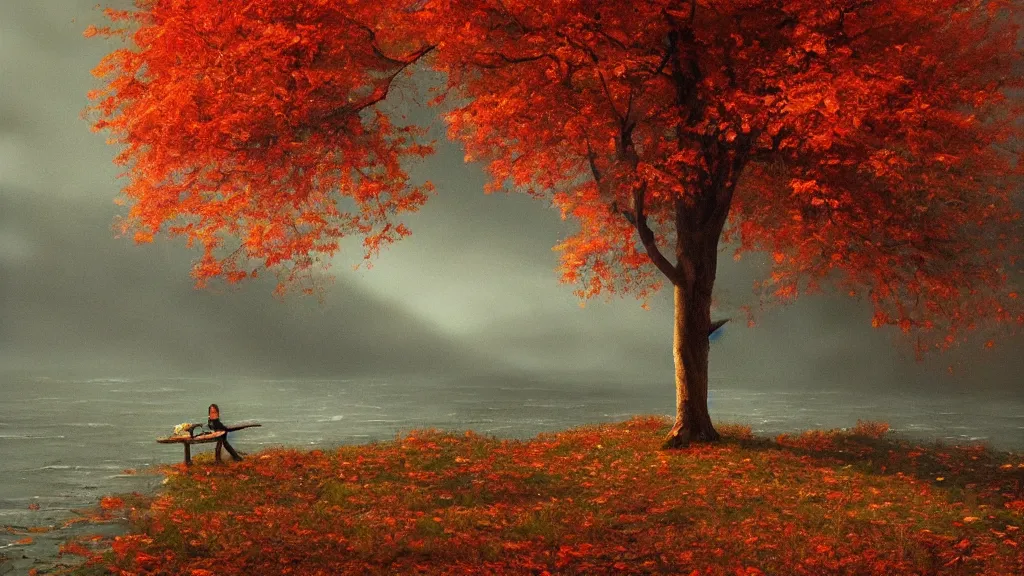 Image similar to A beautiful oil painting of a single tree, the tree is in the rule of thirds, a person is under the tree reading a book, the fall has arrived and the leafs started to become golden and red, the river is flowing its way, the river has lots of dark grey rocks, oil painting by Greg Rutkowski