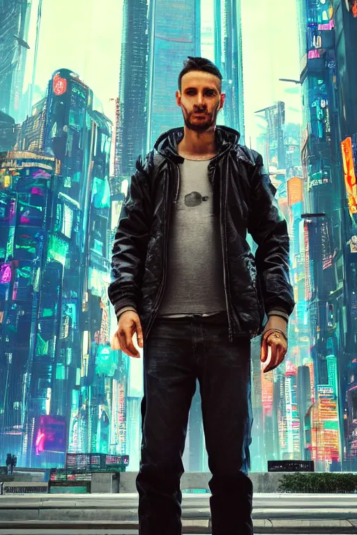 Prompt: portrait of a beautiful cyberpunk man standing in front of a cyberpunk city.