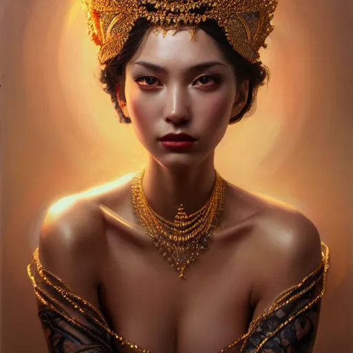 Prompt: expressive oil painting, of alluring european princess, smooth glowing skin, glistening body, bright eyes, love, adoration, ornate headpiece of black beads, tattoo, glamour shot, by yoshitaka amano, by greg rutkowski, by jeremyg lipkinng, by artgerm, digital art, octane render