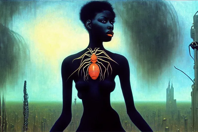 Image similar to realistic detailed portrait movie shot of a beautiful black woman with a giant spider, dystopian city landscape background by denis villeneuve, amano, yves tanguy, alphonse mucha, max ernst, kehinde wiley, jean delville, david lynch, roger dean, cyber necklace, rich moody colours, sci fi patterns, dramatic, wide angle