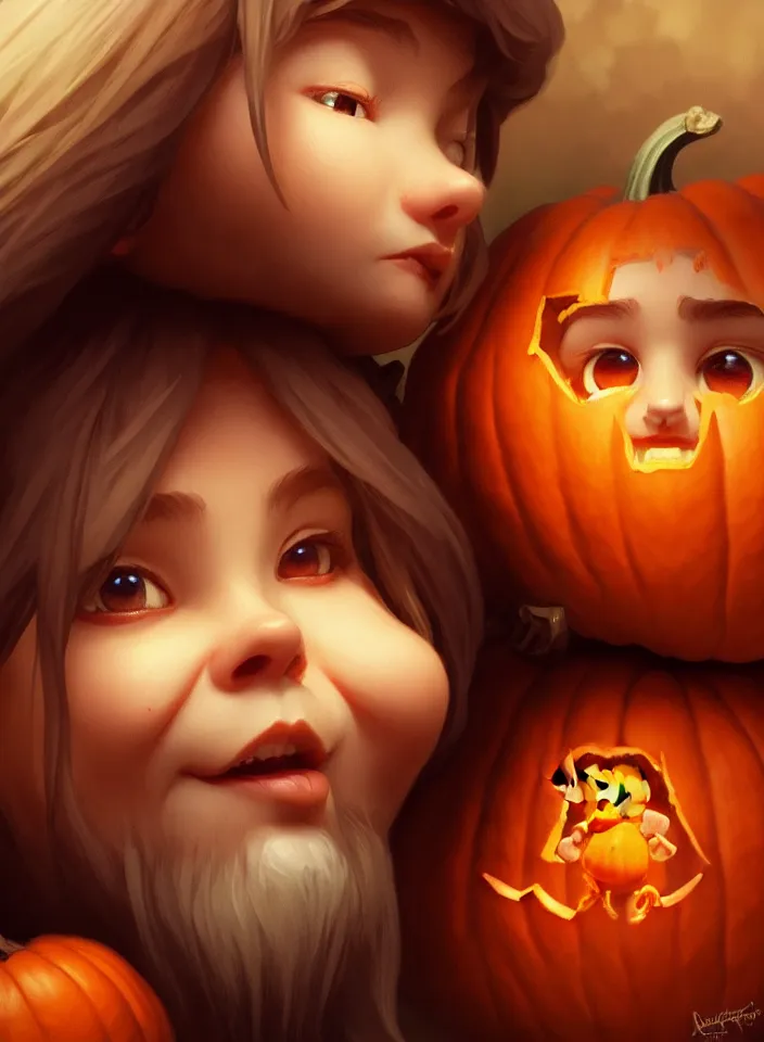 Image similar to hand drawn cute one gnomes face in autumn and pumpkin, detailed closeup face, concept art, low angle, high detail, warm lighting, volumetric, godrays, vivid, beautiful, trending on artstation, art by artgerm and greg rutkowski and alphonse mucha