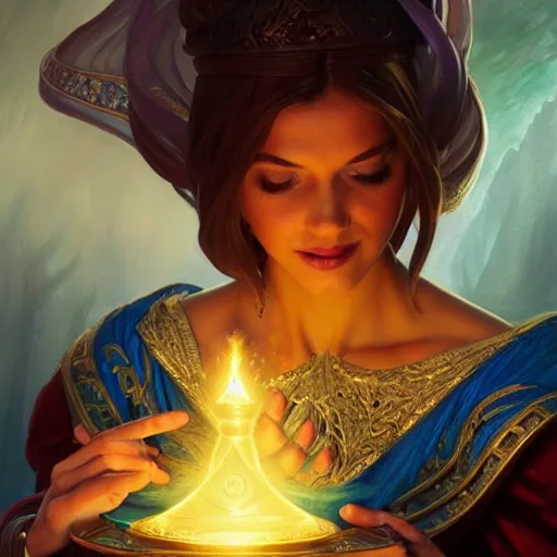 Image similar to magic lamp, closeup, D&D, fantasy, intricate, elegant, highly detailed, digital painting, artstation, concept art, matte, sharp focus, illustration, hearthstone, art by Artgerm and Greg Rutkowski and Alphonse Mucha