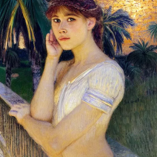 Image similar to a ultradetailed beautiful painting of a girl at night on the amazonas palace by jules bastien - lepage, hans belmer, frank weston and gustave baumann, trending on artstation, mediterranean, palm trees, light sparkles, sharp focus, soft light, 8 k 4 k