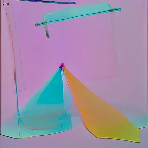 Image similar to a pastel colour high fidelity Polaroid art photo from a holiday album at a seaside with abstract inflatable parachute furniture, all objects made of transparent iridescent Perspex and metallic silver, no people, iridescence, nostalgic