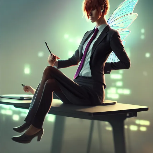 Prompt: epic professional digital art of a fairy in a professional business suit, sitting at a desk,, best on artstation, cgsociety, wlop, Behance, pixiv, astonishing, impressive, outstanding, epic, cinematic, stunning, gorgeous, much detail, much wow,, masterpiece.