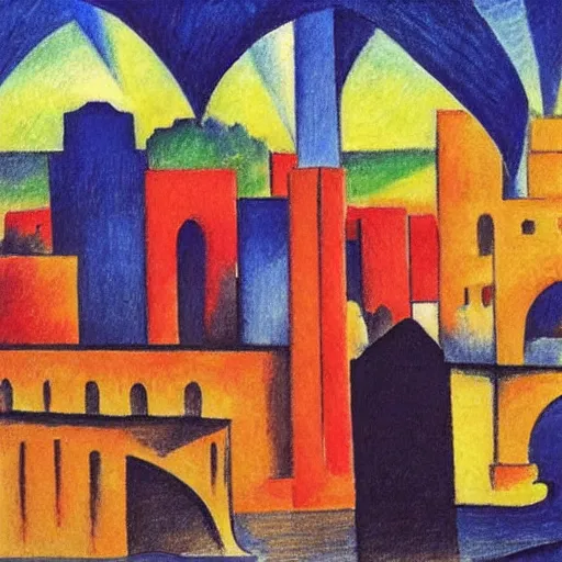 Image similar to A beautiful drawing of a cityscape with tall spires and delicate bridges. Dreamworks, 1930s by August Macke soothing, kaleidoscopic