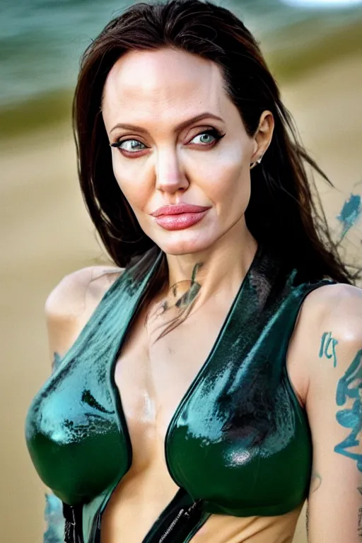 Image similar to close up headshot of angelina jolie as Nico Robin from One Piece standing on a beach, cosplay, photograph by Alexandra Nataf