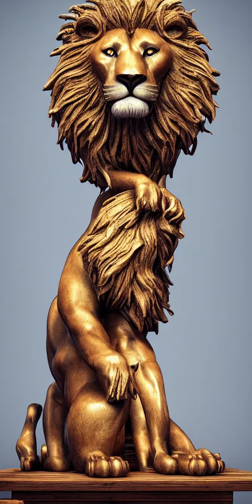 Image similar to a lion statue sitting on top of a wooden table, a 3 d render by jeremy henderson, behance contest winner, psychedelic art, behance hd, rendered in cinema 4 d, psychedelic