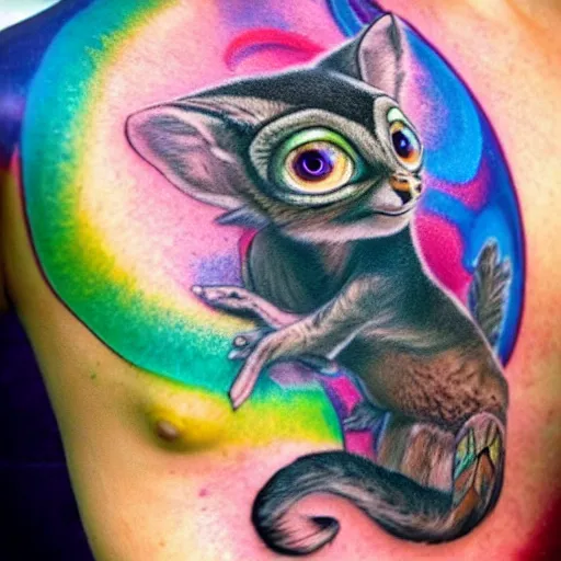 Image similar to shoulder tattoo of a multicolored trippy bushbaby with rainbow colored spiral eyes, a furry tail in rainbow colors, surrounded with a ring of colorful mushrooms, insanely integrate